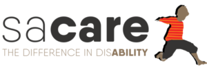 SACARE the difference in disability. A young boy to the right in a stripped short and dark shorts appears to be kicking a ball